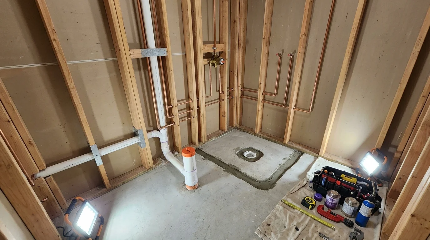 Bathroom rough-in plumbing during remodel by Johns Plumbing LLC in Holdenville