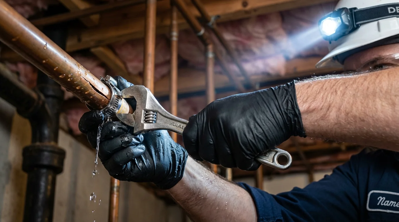 Emergency pipe clamp repair being performed by a Johns Plumbing LLC plumber in Holdenville