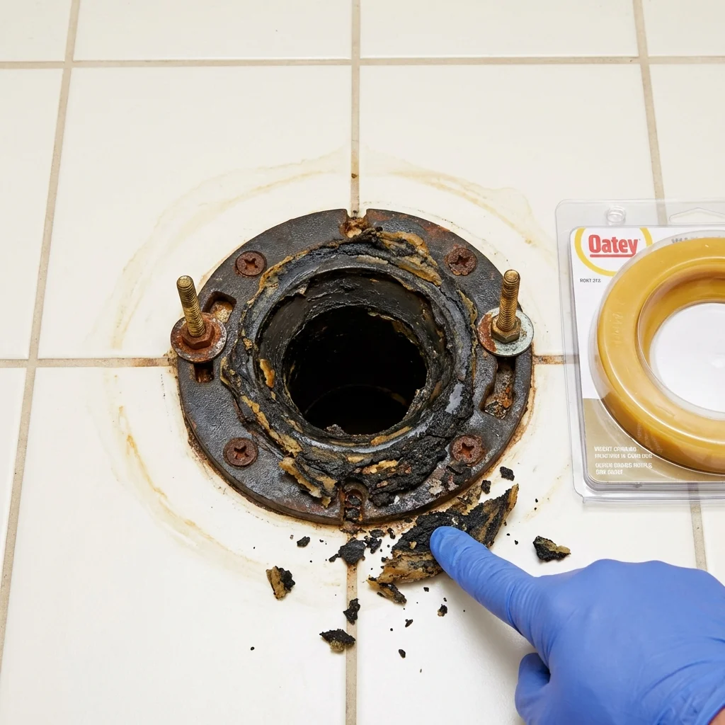 Failed wax ring showing water seepage at the base of a toilet in a Holdenville, OK home