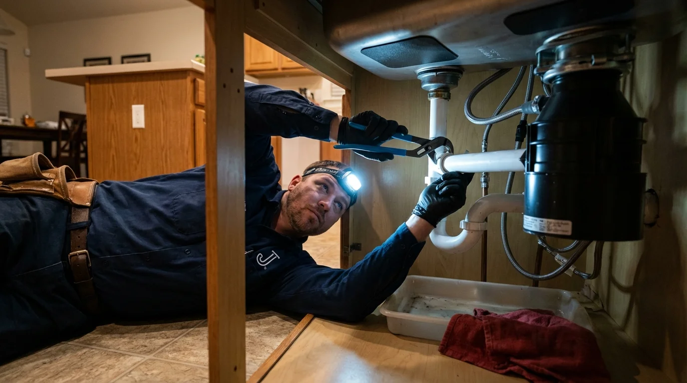 P-trap and supply line connections under a kitchen sink showing a common leak point in Holdenville, OK
